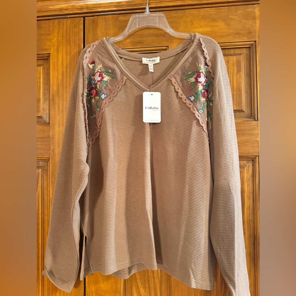 Women's Light Brown Floral Embroidered Long Sleeve Top